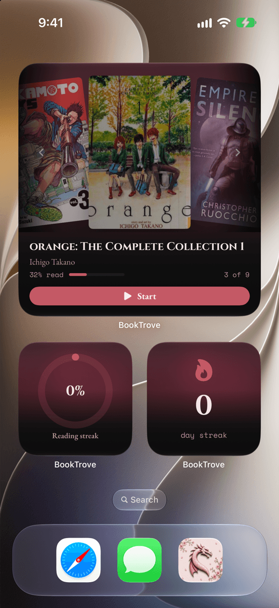 BookTroveの読書・ストリークウィジェットを置いたiPhoneのホーム画面